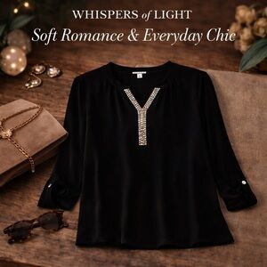 Black Rhinestone V-Neck Blouse